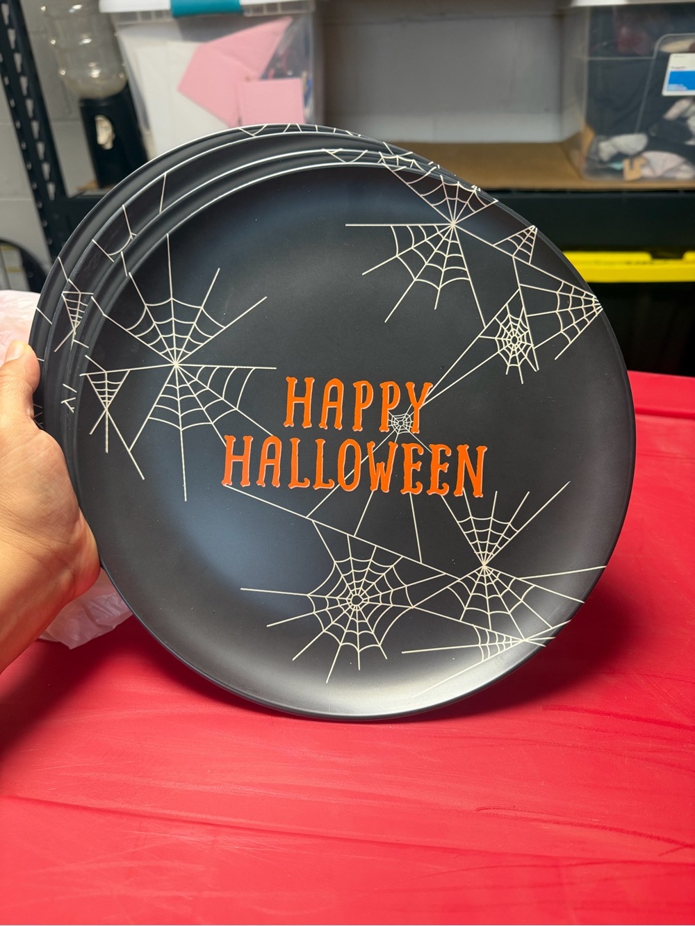 Hyde and EEk! 4 Dinner Plates “Happy Halloween” with spider webs